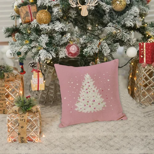 Miniatura 6 de GOOESING Fundas de almohada de Navidad de 18 x 18 pulgadas, color rosa con árbol de Navidad, funda de cojín para sofá, decoración del hogar