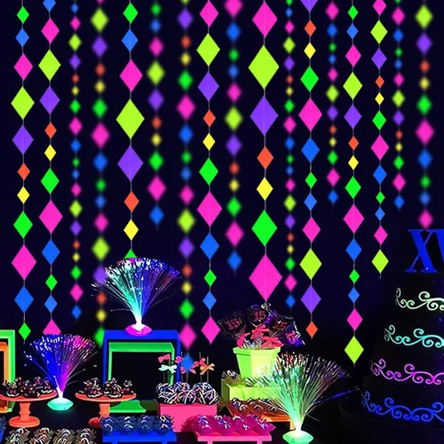 Miniatura 3 de Serpentinas y guirnaldas de neón de papel UV de 123 pies - Decoraciones de luz negra en forma de diamante, recuerdos y suministros para fiestas