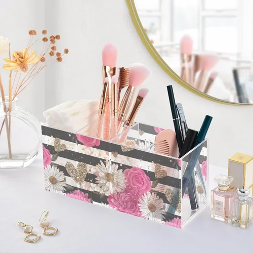 Miniatura 5 de Cute Pencil Cups for Desk, Black and White Striped Rose Daisy Pen Holders Marker Organizer, Acrylic Hair Brush Holder 4 Compartments for Home, Black