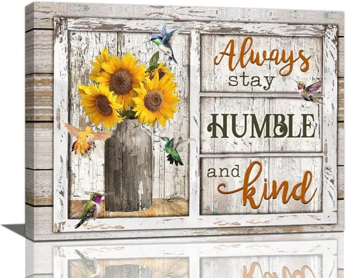 Arte de pared motivacional, diseño rústico de girasol, colibrí, decoración de pared de baño, con citas inspiradoras "Always Stay Humild" y Kind