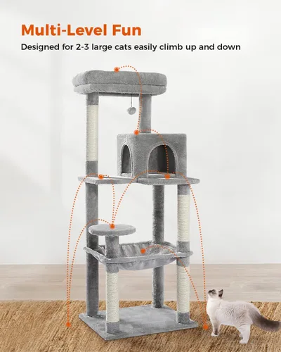Miniatura 6 de PETEPELA Árbol para gatos de 56.3 pulgadas de alto para gatos de interior, torre para gatos de varios niveles con hamaca súper grande