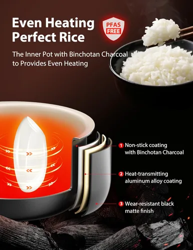 Miniatura 5 de TOSHIBA Arrocera pequeña de 3 tazas sin cocer - Pantalla LCD con 8 funciones de cocción: arroz, avena, granos mezclados y más, olla interior Gris