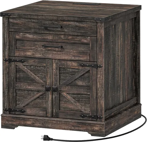 Miniatura 9 de RALGEND Mesa auxiliar de granja con estación de carga, mesa auxiliar de sofá de 24 pulgadas con 2 cajones y puerta de granero, mesita de noche