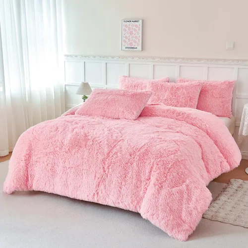 Miniatura 12 de PERFEMET Juego de cama de 3 piezas de felpa azul peluda tamaño queen, estampado de teñido largo, ropa de cama arcoíris de piel sintética para niñas