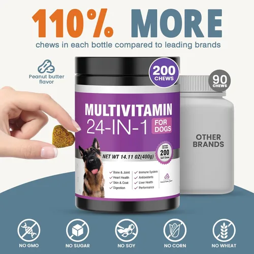 Miniatura 5 de Vitaminas y suplementos 24 en 1 para perros, 200 unidades, multivitamínico masticable para perros, contiene condroitina, probióticos, Omega-3