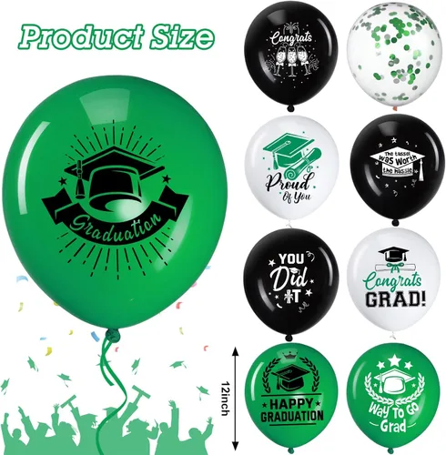 Miniatura 2 de Honoson 72 globos de fiesta de graduación, color verde y negro, decoración de graduación de 2026, globos de látex de felicitaciones, suministros