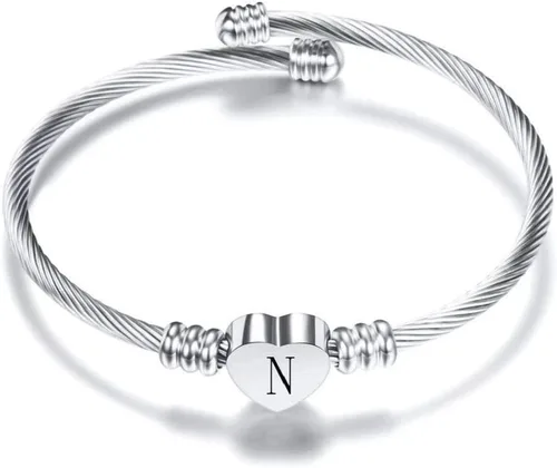 NanMuc Pulseras con inicial de 26 letras para mujer, color negroplataoroexpandible, brazalete con corazón