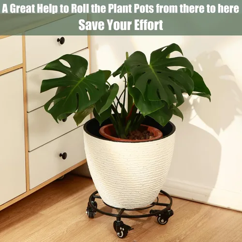 Miniatura 5 de Paquete de 2 organizadores grandes de metal para plantas con ruedas de 13.6 pulgadas, soportes rodantes para plantas de hierro forjado, rodillos