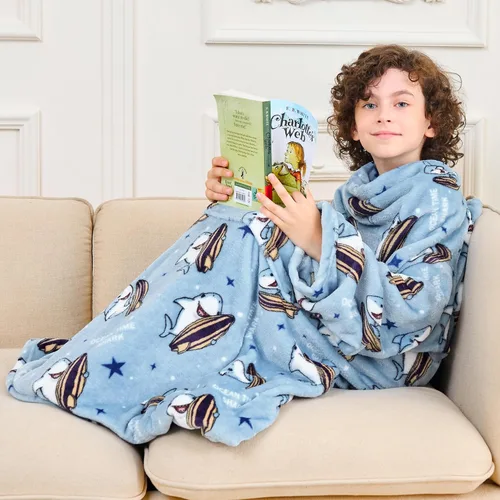Miniatura 10 de Softan Manta de forro polar para niños con mangas y bolsillo para el pie para niños y niñas, manta ligera y suave, diseño de gato