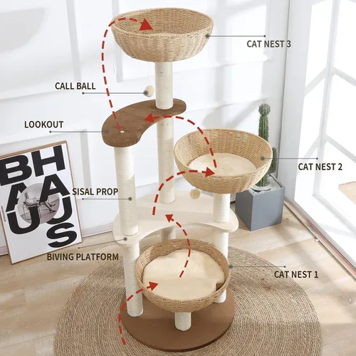 Miniatura 3 de Torre de árbol moderna para gatos de 52 pulgadas para gatos grandes, 3 nidos para gatos tejidos a mano, multinivel, enormes Paws Pals árbol