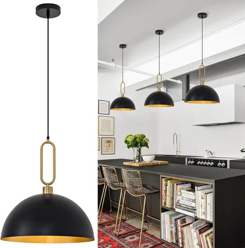 Luces Colgantes de Cúpula de 15.75 Pulgadas, Luz de Metal Negro Dorado para Comedor, Accesorios de Iluminación de Candelabro Colgante Grande Moderno