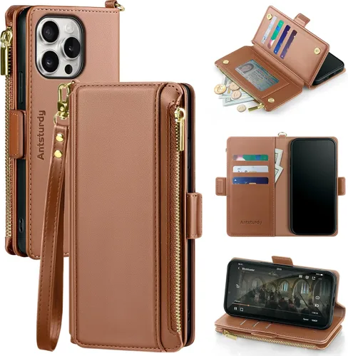 Miniatura 25 de Antsturdy Compatible con iPhone 15 Pro Max Funda Cartera para Mujeres【Bloqueo RFID】Funda de Teléfono Cruzada de Cuero PU con Cremallera y Correa