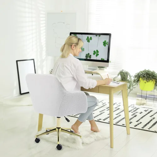 Miniatura 2 de Silla de oficina en casa de tela de peluche, bonita silla giratoria de escritorio con ruedas, moderna silla de tocador ajustable con base dorada
