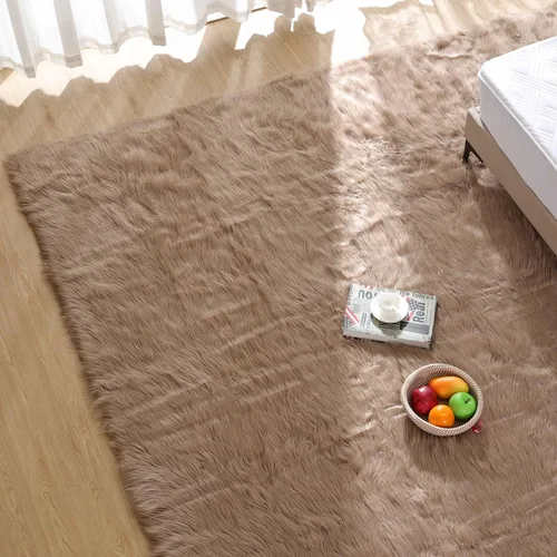 Miniatura 2 de Goolela Alfombra de Área de Piel de Oveja 9x12 pies - Marrón Claro Beige - Alfombra Mullida Esponjosa Peluda para Sala de Estar Dormitorio Piel