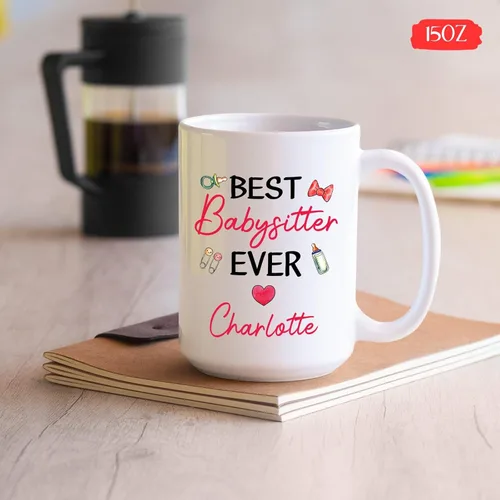 Miniatura 5 de Taza de café con el nombre de la niñera con la frase "Best Babysitter Ever", taza de café personalizada con nombre de niñera, regalo de niñera