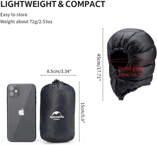 Miniatura 4 de Naturehike Invierno Down Hood Outdoor Wind Down Cap Warm Goose Down Hat para senderismo Esquí Ciclismo (negro)