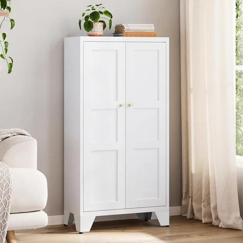 Miniatura 13 de Yizosh Armario de almacenamiento de metal con 2 puertas y 4 estantes ajustables, 61 pulgadas, color blanco, despensa de cocina, 5 niveles de alto