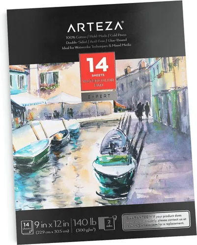 ARTEZA Papel de acuarela, 14 hojas, almohadilla de acuarela de 9 x 12 pulgadas, 140 libras/10.58 oz/m², 100% algodón, doble cara, prensa en frío,