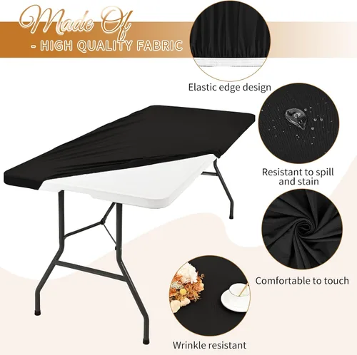 Miniatura 3 de Paquete de 12 fundas de tela elástica para mesas de 6 pies, fundas de mesa de elastano negro, protector universal rectangular para interiores