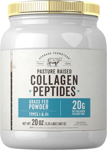 Carlyle Herbage Farmstead - Péptidos de colágeno alimentados con pasto en polvo, 20 onzas, sin sabor, criado en pastos, tipos I y III, 0.71 onzas de