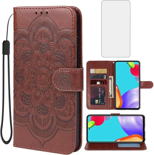 Funda tipo cartera para Galaxy A52 5G/4G/Galaxy A52S SM-A526 con protector de pantalla de vidrio templado, funda de piel con diseño de mandala y