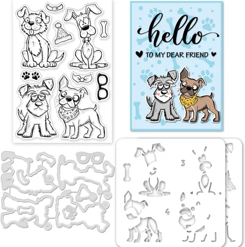 GLOBLELAND Sellos transparentes de silicona para perros cómicos de corte de animales de metal, plantillas para manualidades de pintura de PET,