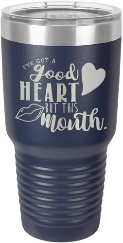 Miniatura 17 de Taza de viaje de acero con recubrimiento de polvo grabado por láser, con texto en inglés "IVE GOT A GOOD HEART BUT THIS MOUTH Engraved 30oz Taza