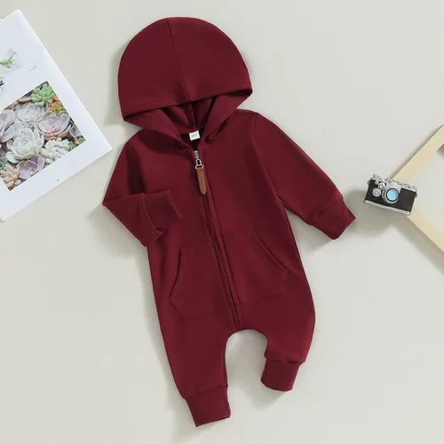 Miniatura 3 de AEEMCEM Mameluco de manga larga con capucha para bebé recién nacido, color liso, con cremallera, para otoño e invierno