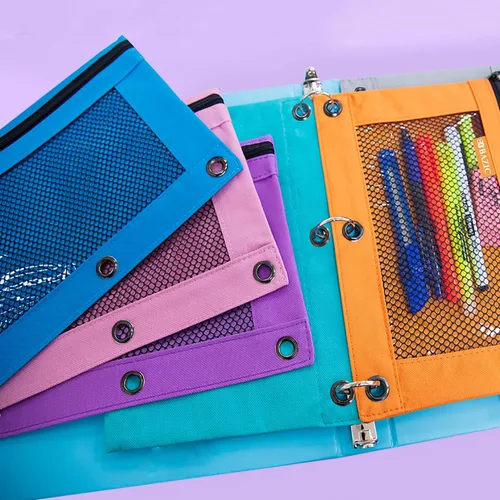 Miniatura 7 de BAZIC PRODUCTS Estuche para lápices de 3 anillos con agujeros de anillos reforzados con remaches, bolsa de malla de color pastel con cremallera