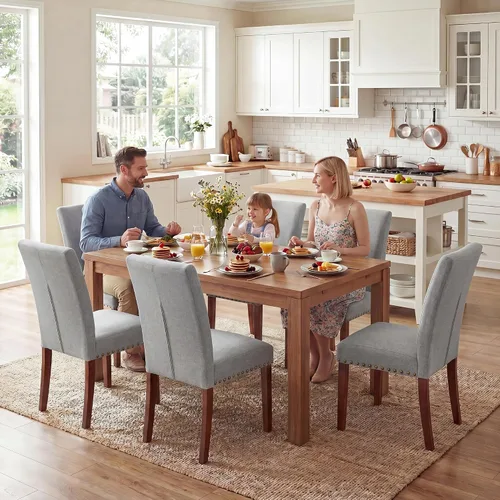 Miniatura 7 de Juego de 6 sillas de comedor de granja, respaldo alto con patas de madera y ribete de cabeza de clavo, silla de comedor de tela moderna para Tela