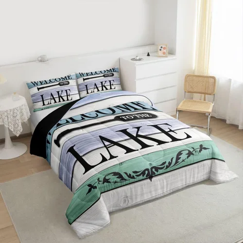Miniatura 4 de Juego de ropa de cama King para casa del lago, juego de edredón de paleta de madera retro para regalos para amantes del lago, inserto de edredón
