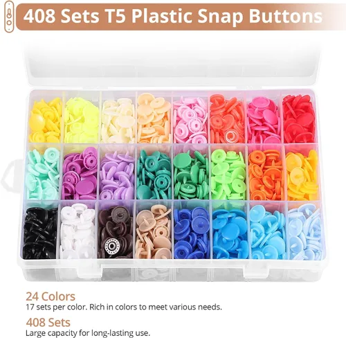 Miniatura 4 de Kamtop Juego de alicates a presión, 408 juegos de botones a presión de plástico T5 de 24 colores, broches a presión, alicates a presión, kit