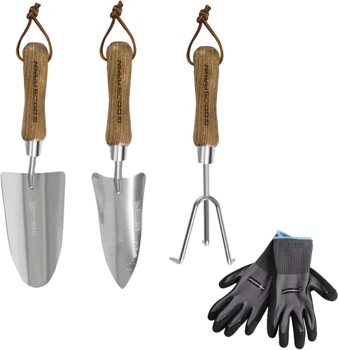 GOODSMANN Juego de herramientas de jardín de 3 piezas de pala, trasplantador y cultivador, kit de jardinería de acero inoxidable resistente, pala de