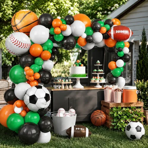 Miniatura 4 de Guirnalda de arco de globos deportivos, kit de guirnalda de globos con tema de bolas, globos blancos, verdes, negros y naranjas, globos de aluminio