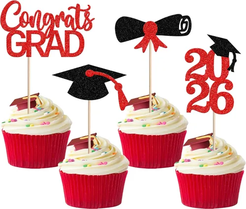 Miniatura 35 de Rsstarxi Paquete de 24 adornos para cupcakes de graduación 2026, con purpurina azul, para la clase de 2026, para diplomas, 24 piezas (6 diseños)