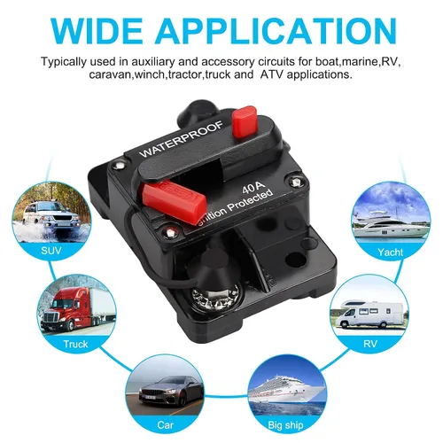 Miniatura 7 de Disyuntor impermeable de 40 amperios, portafusibles, disyuntor de audio, con reinicio manual, 12V-48V CC, 30A-300A, para sistema de audio de barco