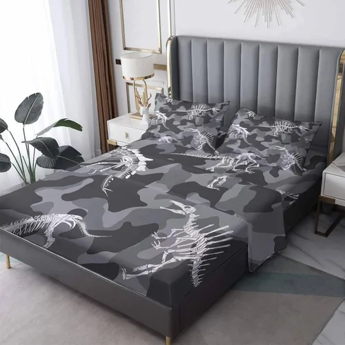 Sábanas de camuflaje tamaño Queen – Sábanas de cama de fósil de dinosaurio, microfibra suave, bolsillo profundo, sábanas y fundas de almohada con