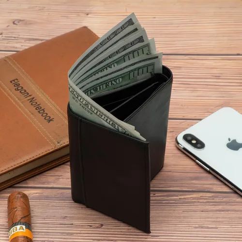 Miniatura 4 de Billetera de cuero para hombre, con bloqueo RFID, de piel auténtica, triple pliegue, Negro -, Cartera Rfid