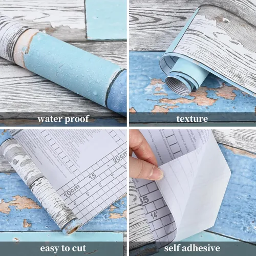 Miniatura 3 de Caltero Papel tapiz de tablones de madera de 17.71 pulgadas × 98.4 pies, papel tapiz de madera envejecida azul para despegar y pegar, papel tapiz