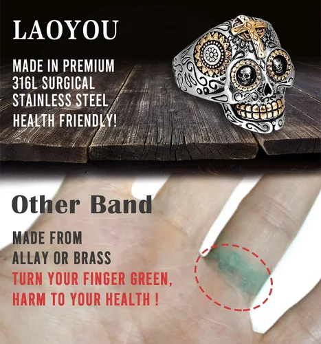 Miniatura 3 de LAOYOU Sugar Skull Rings for Men Women, Stainless Steel Day of the Dead Mens Jewelry, Cool Biker Gothic Ring Christmas halloween Gifts