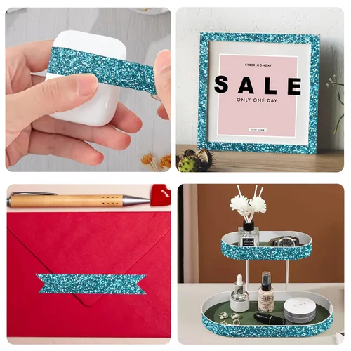 Miniatura 2 de Cinta Washi con purpurina, 3 rollos de cinta decorativa azul oscuro de 5/8 pulgadas (0.591 in), autoadhesiva para manualidades con ribete dorado