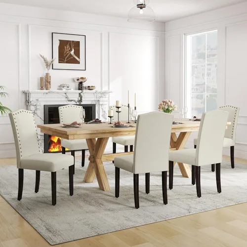 Miniatura 23 de LSSPAID Juego de 4 sillas de comedor, modernas y cómodas sillas Parsons tapizadas de lino con ribete de cabeza de clavo de bronce y patas de madera