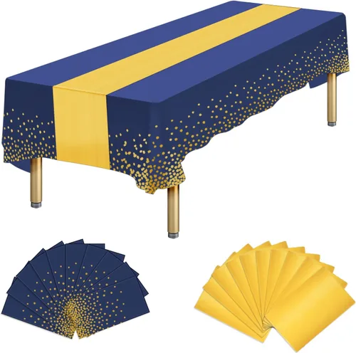 Miniatura 15 de Paquete de 10 manteles rectangulares de plástico y camino de mesa de satén, mantel desechable negro rectangular y dorado para cumpleaños