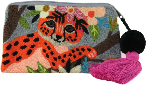 Wayuu tapestry animal print clutch handmade by indigenous from Colombia punch needle crochet
