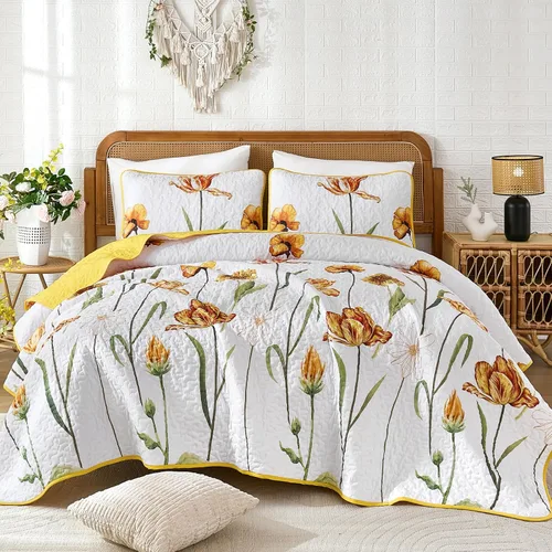 Miniatura 16 de WONGS BEDDING - Juego de edredón floral tamaño Queen, edredón botánico verde y amarillo con 2 fundas de almohada, juego de ropa de cama ligera