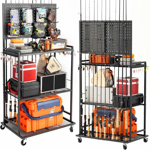 SOYEEZE Soportes para cañas de pescar de gran tamaño para el garaje, estante de 3 niveles para cañas de pescar con tablero de clavijas y ganchos,