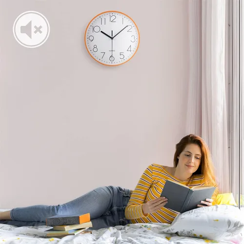 Miniatura 4 de Topkey Reloj de pared redondo silencioso de 9 pulgadas, números arábigos, fácil de leer, para sala de estar, dormitorio, escuela y guardería