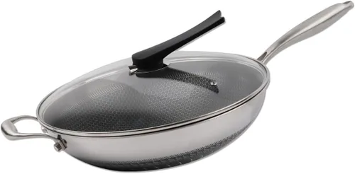 Miniatura 2 de Wok antiadherente de panal de abeja de 14 pulgadas de acero inoxidable con tapa, sartén con mango que se mantiene fresco, libre de PFOA, adecuado