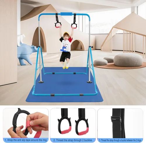 Miniatura 5 de Gymnastics Bar for Kids,Folding Gymnastic Training Kip Bar with Rings,Gymnastics Equipment for Kids,5-Level Adjustable Height Fitness Equipment for