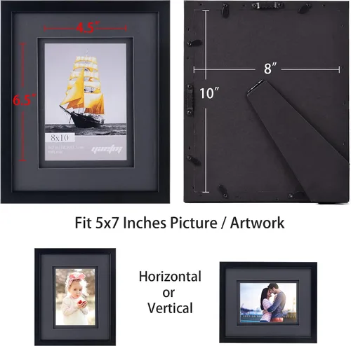 Miniatura 6 de Yaetm Juego de 2 portarretratos flotantes dobles de 8 x 10 pulgadas, 5 x 7 pulgadas con doble paspartú negro, vidrio real pulido de alta definición